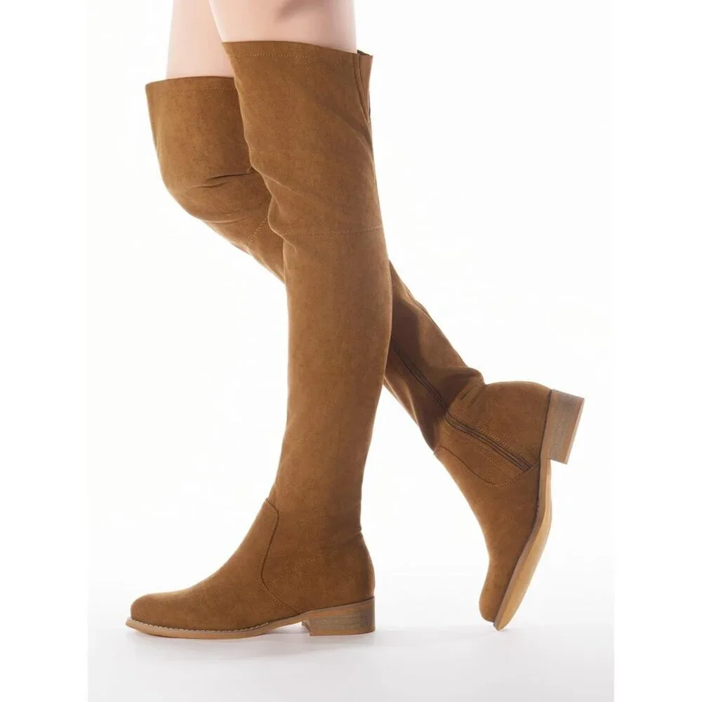 Women Brown Faux Suede Over The Knee Thigh High Low Block Heel Pointed Toe Boot